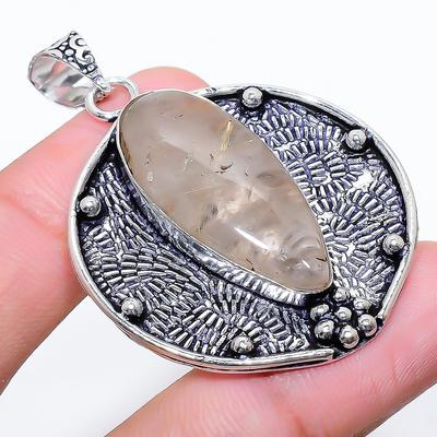 Natural Golden Rutile Gemstone 925 Sterling Silver Gift Pendant 2.01" Q6D29