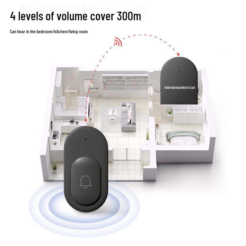 Schwarze kabellose Türklingel mit Fernbedienung, Große Reichweite, Bohrfrei, Eins-zu-Zwei-Heimsystem