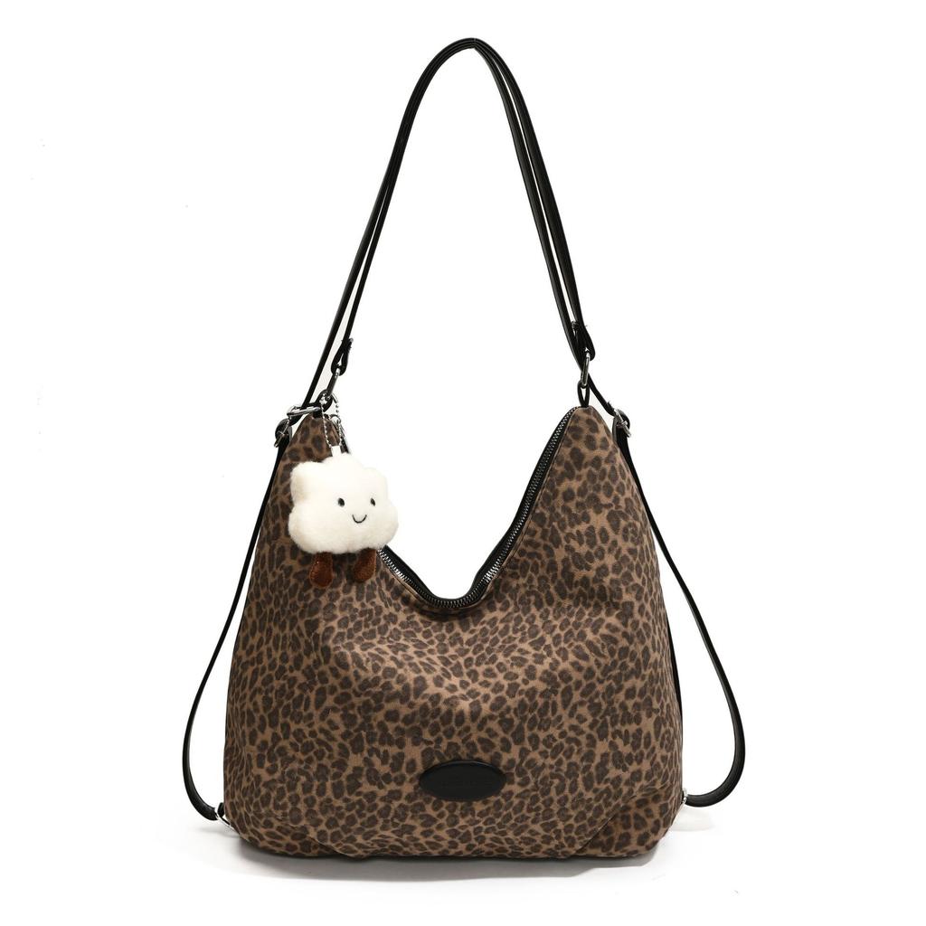 Vintage Backpack Women'S Large-Capacity Leopard Print Tote Bag Commuter Shoulder Bag To Work