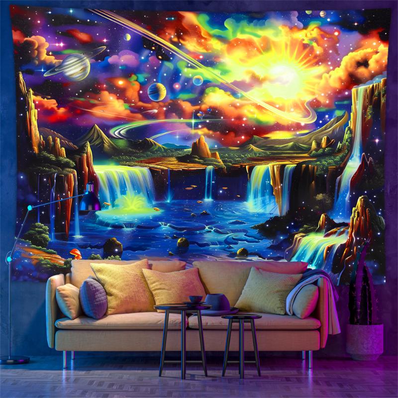 Blacklight Psychedelic Tapestry Astronaut Waterfall UV Reactive Wall Hanging Trippy Room Home Decor