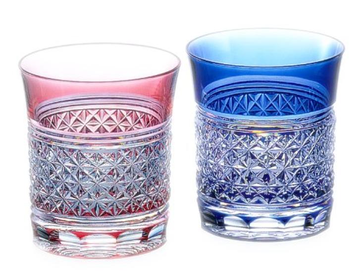 

Kagami Crystal Pair of Rock Red and Edo Kiriko with Hemp Leaf (Kagami) Glasses, Blue, 250cc, Pattern, TPS542-1441AB