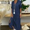 HNXC Sommer-Jeanskleid für Damen, lässig, frühlingsblau, Maxi-Kleider, V-Ausschnitt, halbe Ärmel, Übergröße, lange Kleider mit Schlitz