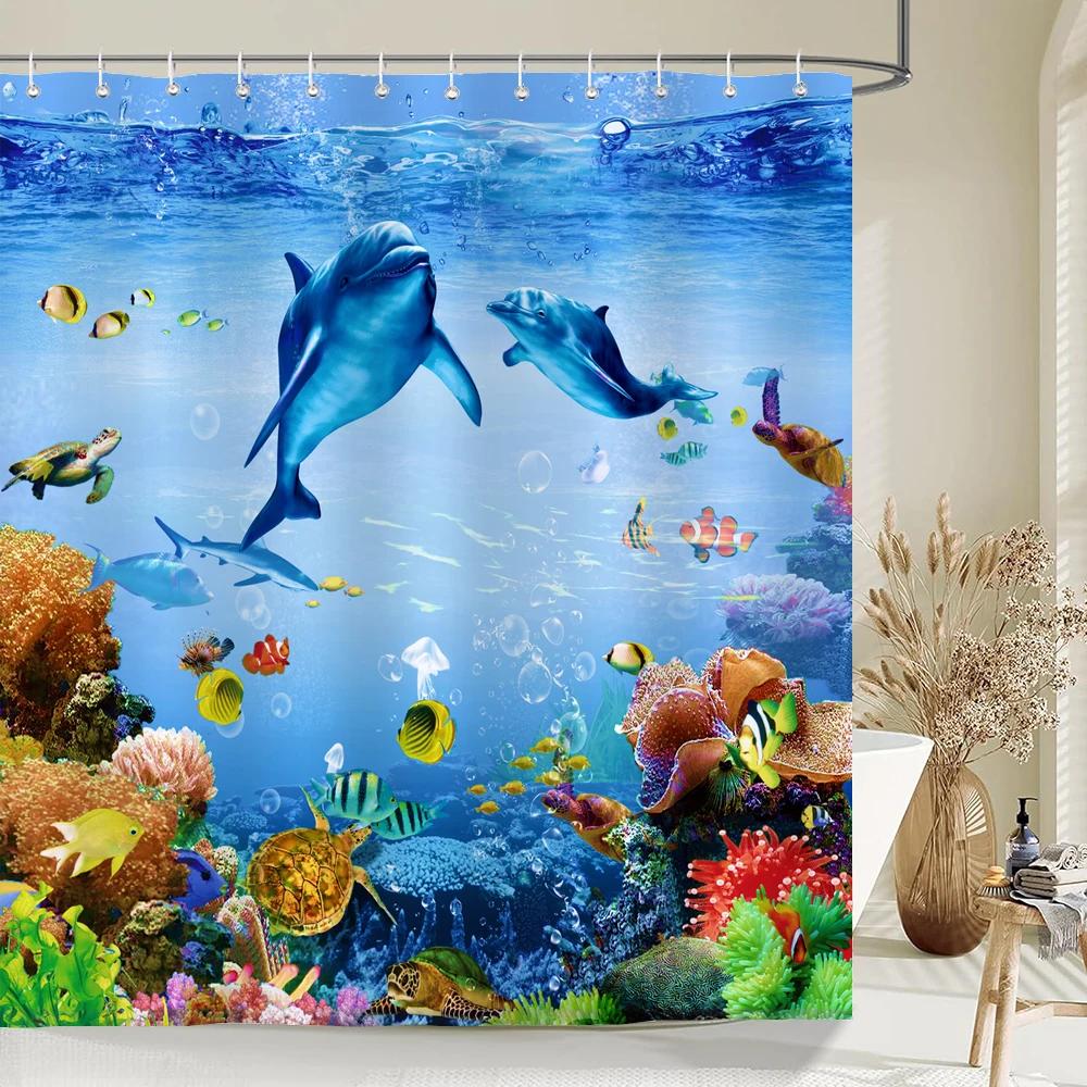 Podwodny Świat Ryba Żółw 3d Zasłony Prysznicowe Ocean Delfin Sceneria Morska Tkanina Wodoodporna Zasłona Kąpielowa Dekoracja Łazienki Parawan