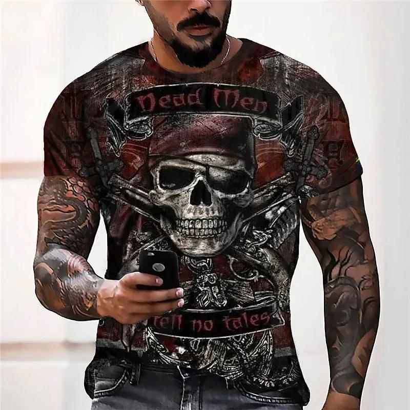 Sommar Rundhals 3D Skalle Tryck Topp Trendiga Casual Kortärmade Herr T-shirts
