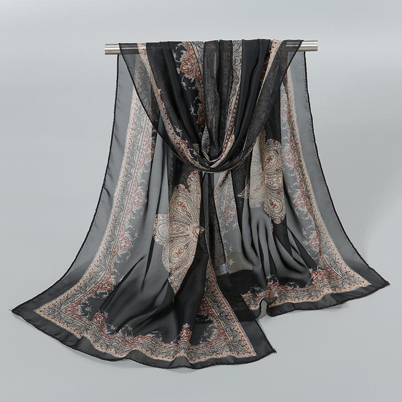 Luxury Chiffon Silk Scarf Spring Summer Scarf Women Head Scarf Beach Shawls Bandana Headband Muslim Hijabs Black Scarf/Scarves