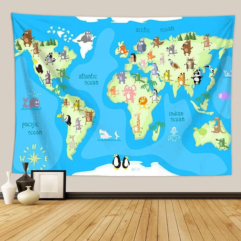 Nordic Style Animal World Map Tapestry Wall Hanging Children's Room Living Room Decor Beach Towel Thin Blanket Yoga Shawl Mat