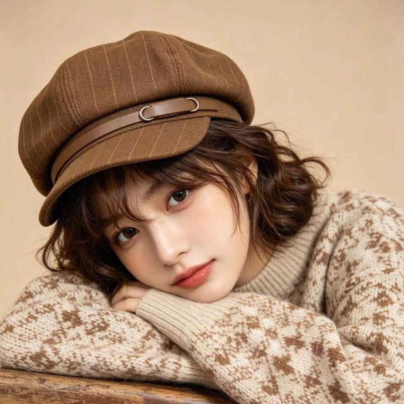 Autumn and winter retro star anise hat female striped painter hat striped British style beret leather buckle newsboy hat