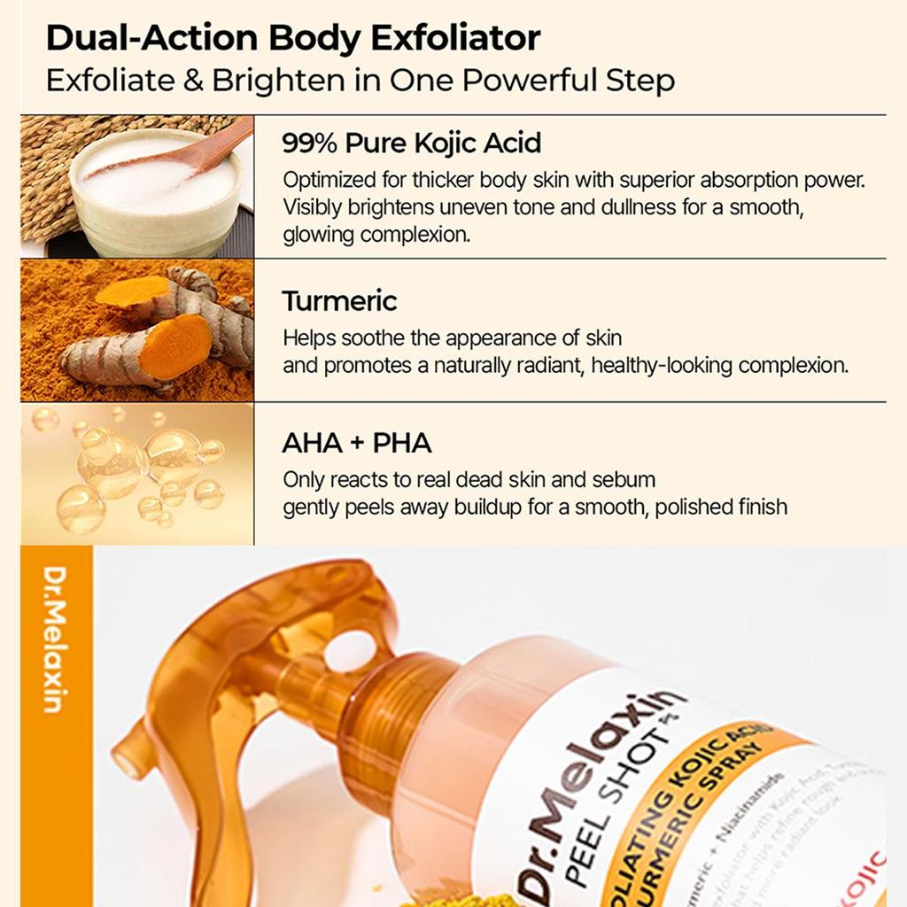 Dr.Melaxin PEEL SHOT SPRAY EXFOLIANT ACIDE KOJIQUE CURCUMA 200ml, Teint Uniforme, Type Brume Pratique, Cosmétiques Coréens, Soins de la Peau Coréens