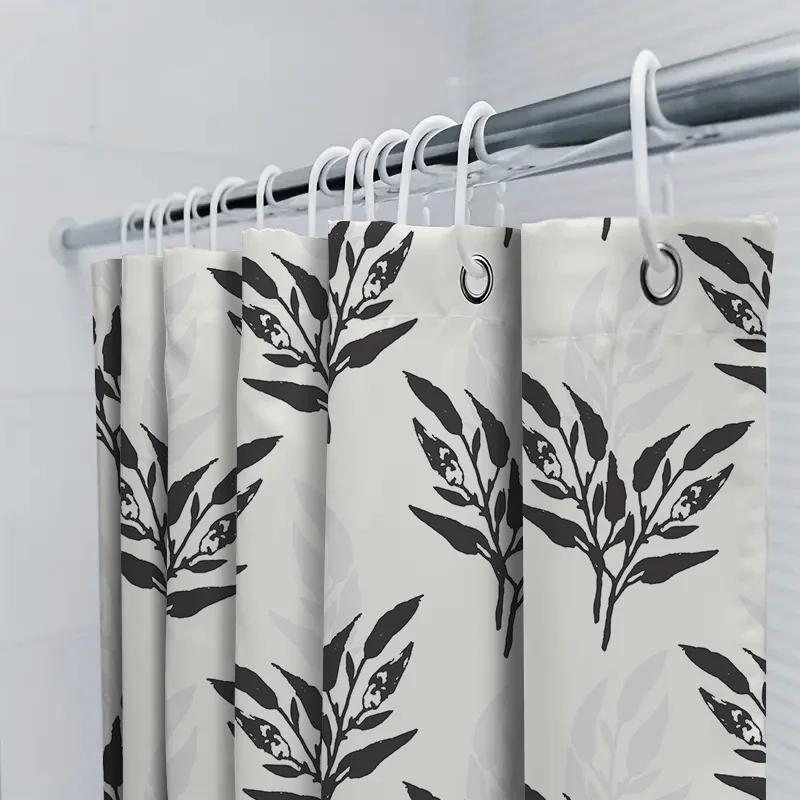 White Bath Mat Black And White Floral Pattern Shower Curtain Polyester Waterproof Home Decor