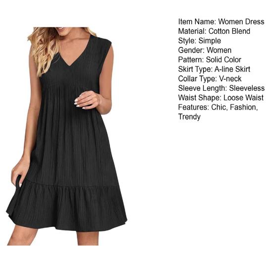 Summer Cotton Linen Dress for Women Casual Sleeveless V Neck Mini Tank Dress Tiered A-line Flowy Beach Sundress