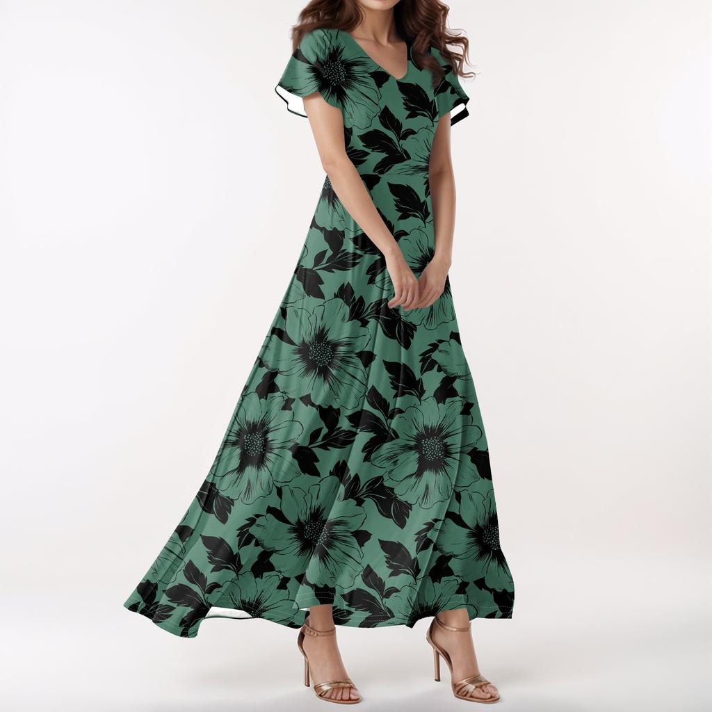 Lässiges Damenkleid mit V-Ausschnitt, kurzen Ärmeln und hoher Taille, Retro-Blumenblatt-Print