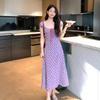 New Chinese national style taro purple luli Korean floral dress women's summer short-sleeved long dress waist thin long dress