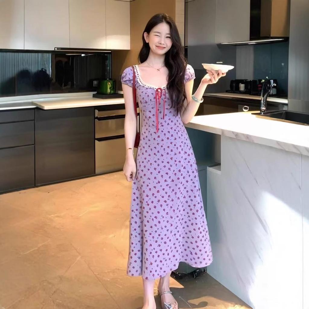 New Chinese national style taro purple luli Korean floral dress women's summer short-sleeved long dress waist thin long dress