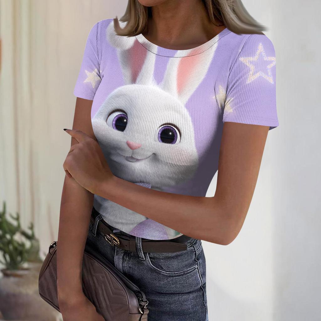 Women's Casual Fashion Round Neck Easter Print Short Sleeve Ribbed Top