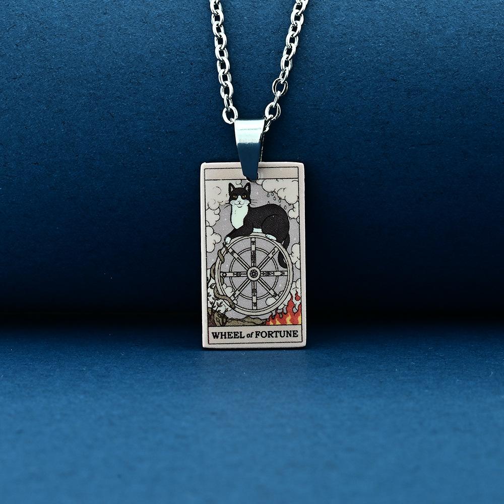 Stainless Steel Cat Tarot Card Necklace for Men Women Animal Divination Jewelry Accessory