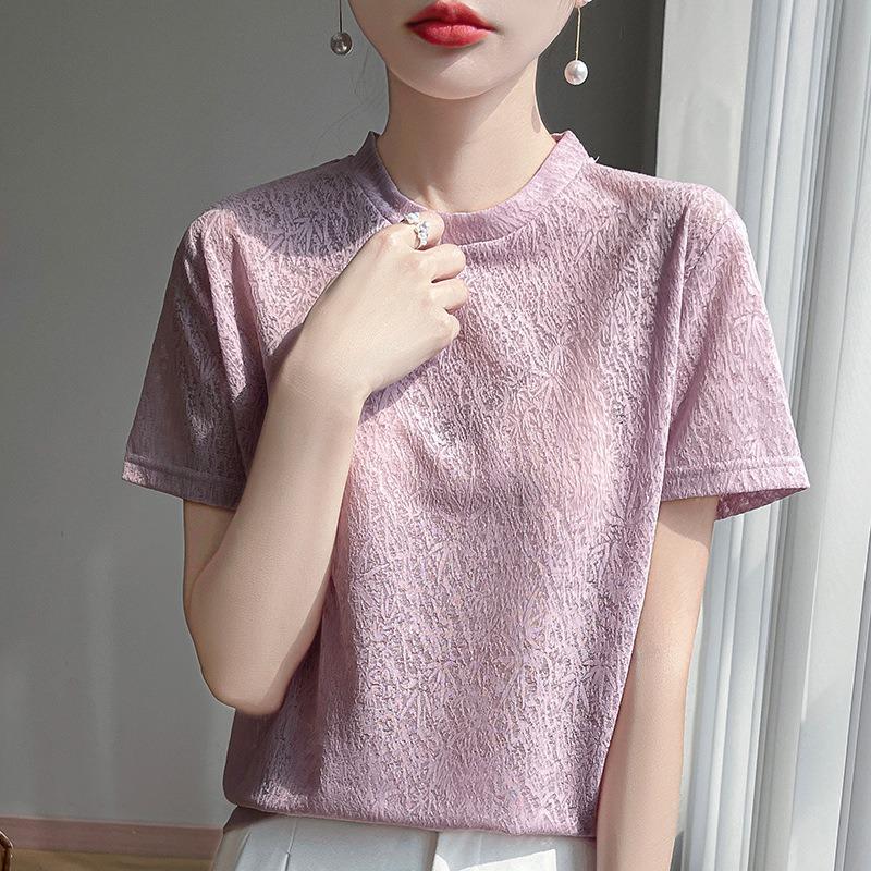 Új nyári stílus Jacquard Tencel kötött rövid ujjú női kerek nyakú kötött póló