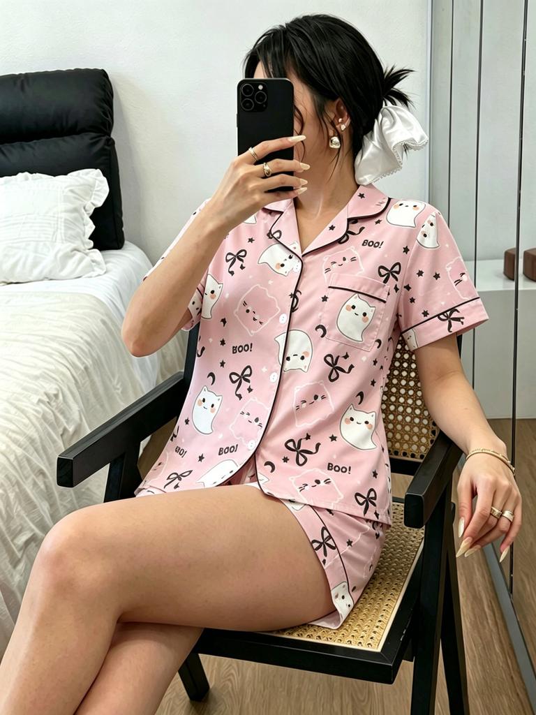Conjunto de Pijama Casual de Moda Estilo Europeo con Estampado de Hadas, Cuello, Manga Corta y Pantalones Cortos