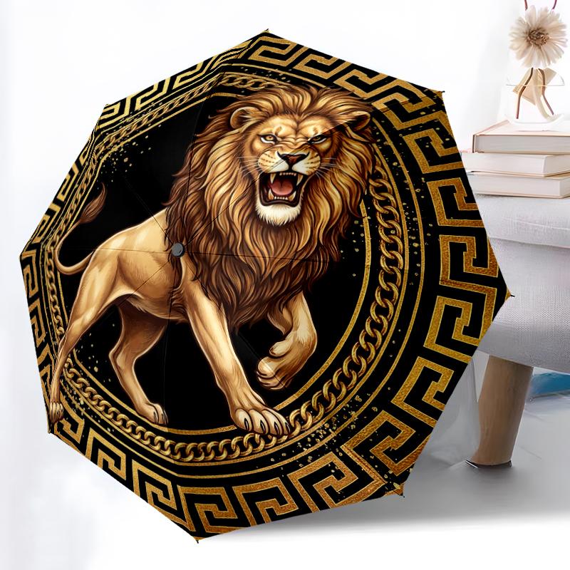 1pc Sturdy 8-Bone Auto Umbrella, Golden Graceful Lion (a) Umbrella, Digital Printed, Foldable Umbrella for On-the-Go Outdoor Use