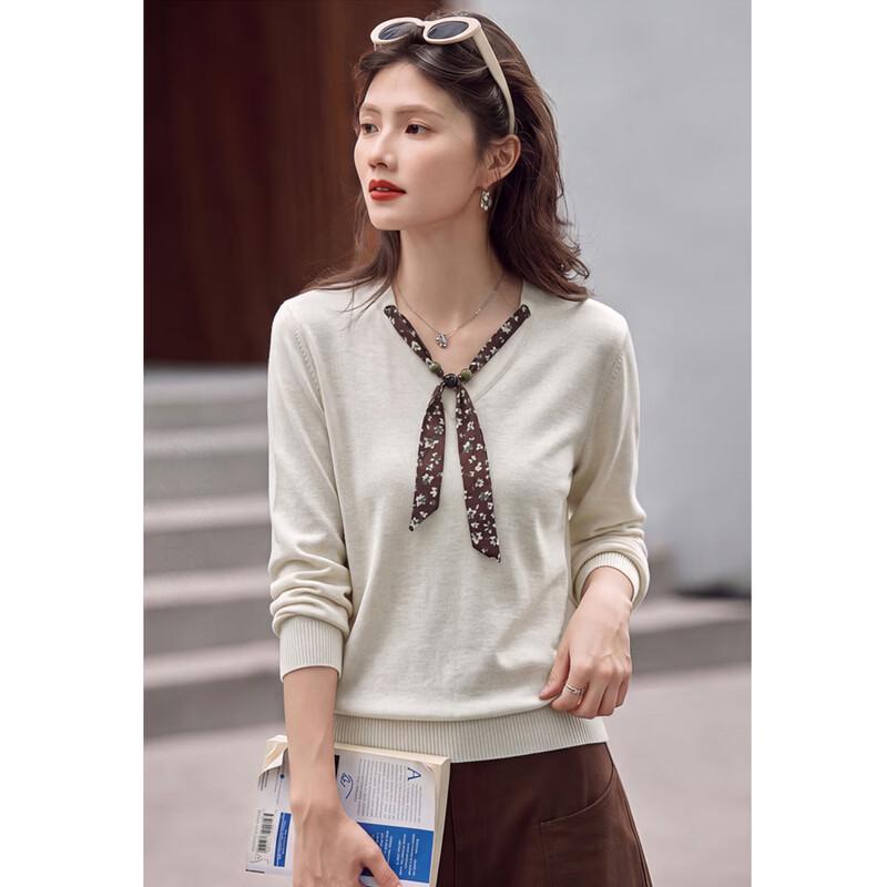 Xinfeiyu Wool-Blend Retro V-Neck Knitted Sweater with Scarf Detail