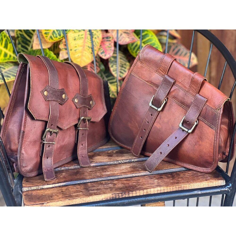 Motocyklová Vintage Kozí Kůže DVOJITÁ Sedlová Brašna Kyvná Vidlice Přední Velká 2 Brašny