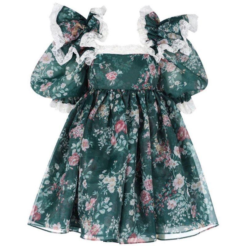 

Beautiful Princess Square Collar Puff Sleeve Dress Lace Edge Green Garden Print(High quality) S