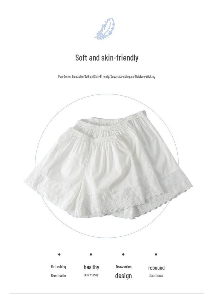 26 Summer Women's Pure Cotton Lace Trim Hanfu Safety Shorts – Anti-Exposure, Loose Fit, Outdoor Wear, White