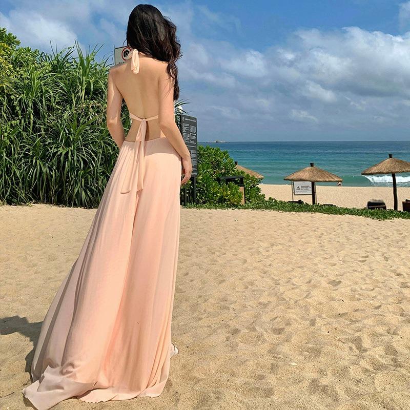 Strandurlaub Sexy rückenfreies Kleid mit Halsausschnitt Hochwertiges Design Sanftes Temperament Französischer langer Rock