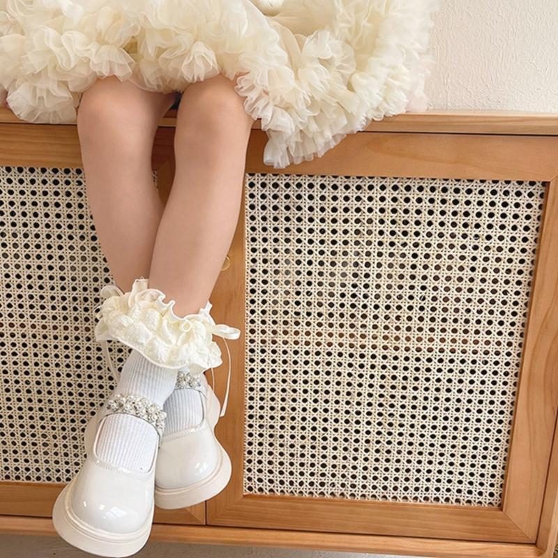 Breathable Cotton Hosiery Socks for Girls Toddler Stretchy Knee High Socks Puff Edge Lace Bows Socks for Autumn Spring