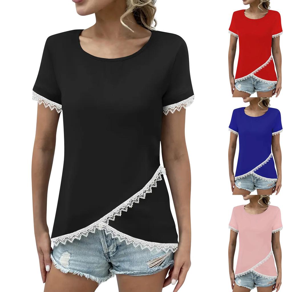 Women's Color Patchwork New Lace Round Neck Short Sleeved Top With A Base