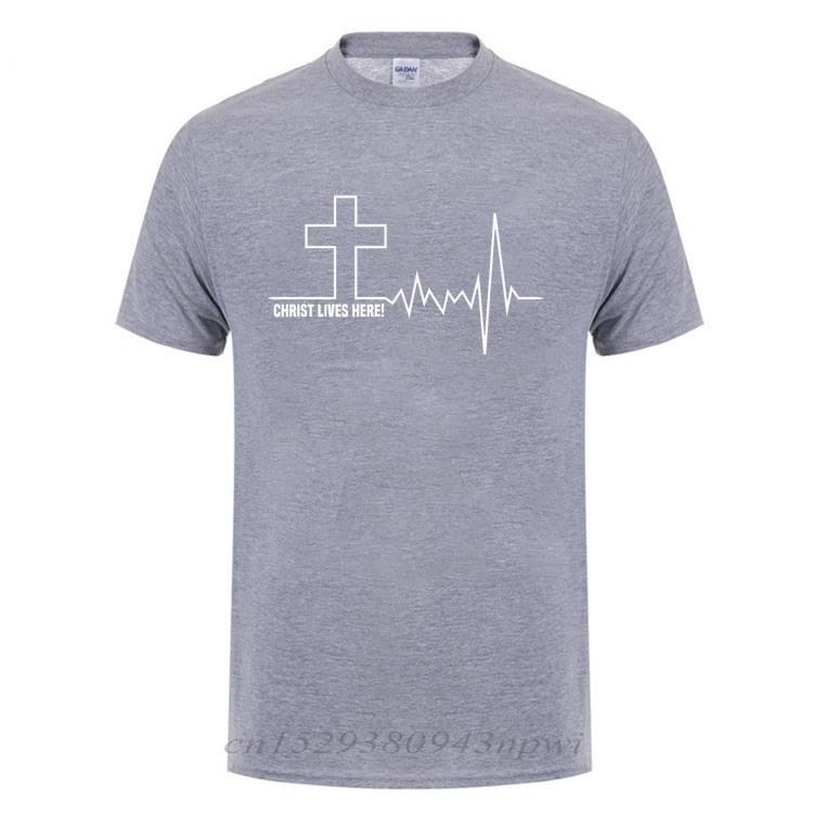 Christ Lives Here Cross Heartbeat Christian Jesus Faith Inspirational T Shirt TShirt For Men Male Short Sleeve Cotton Tshirt