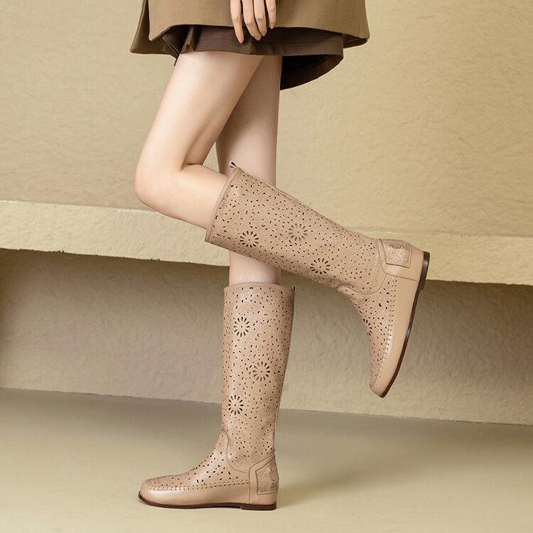 Leather breathable hollow boots women's 2025 new carved slope heel soft bottom hole cool boots women's inner height increase Martin boots