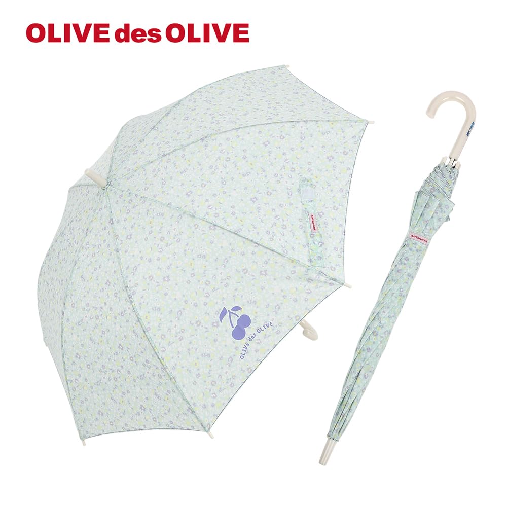 Ogawa Kids' Long Umbrella, Jump Style, 58cm, 8 Ribs, OLIVE des OLIVE Mint Floral Print, One-Point Logo, Antibacterial Handle, Water-Repellent, 71002