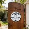 Welcome Sign for Front Door Round Metal Welcome to My Happy Place Hanging Plaque for Home Office Bedroom Kitchen Dining Bar Decor