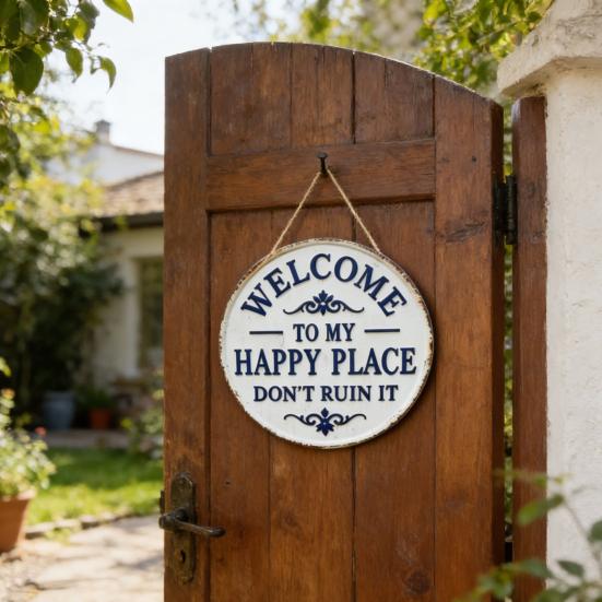 Welcome Sign for Front Door Round Metal Welcome to My Happy Place Hanging Plaque for Home Office Bedroom Kitchen Dining Bar Decor