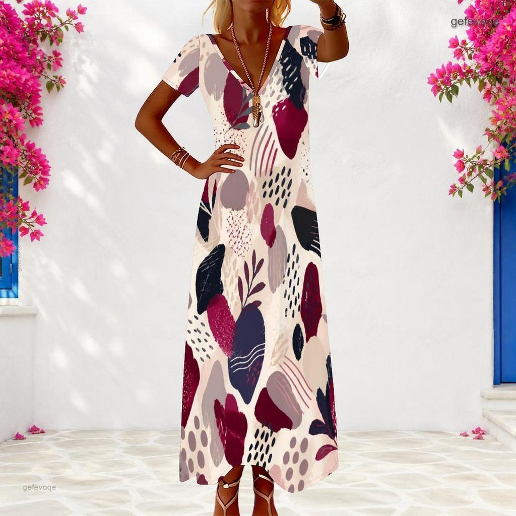 Women Plus Size V Neck Short Sleeve Geometric Printed Maxi Dress