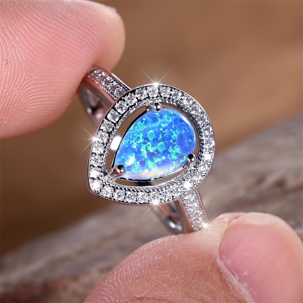 Cute Water Drop Stone Ring Blue Fire Opal Wedding Rings For Women Silver Color Engagement  Accessory Mother's Day Gifts