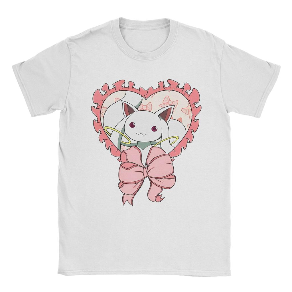 Puella Magi Madoka Magica Qbey Tshirts Men's Cotton Tops Priting Cute Kyubey Anime Round Neck Short Sleeve