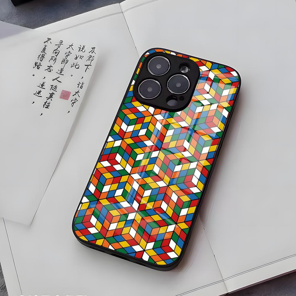 Cool Funny Rubiks Cube Phone Case For IPhone 17 Air 16 E Pro Max 15 14 13 Mini 12 Pro 11 Max Plus Black Glass Cover
