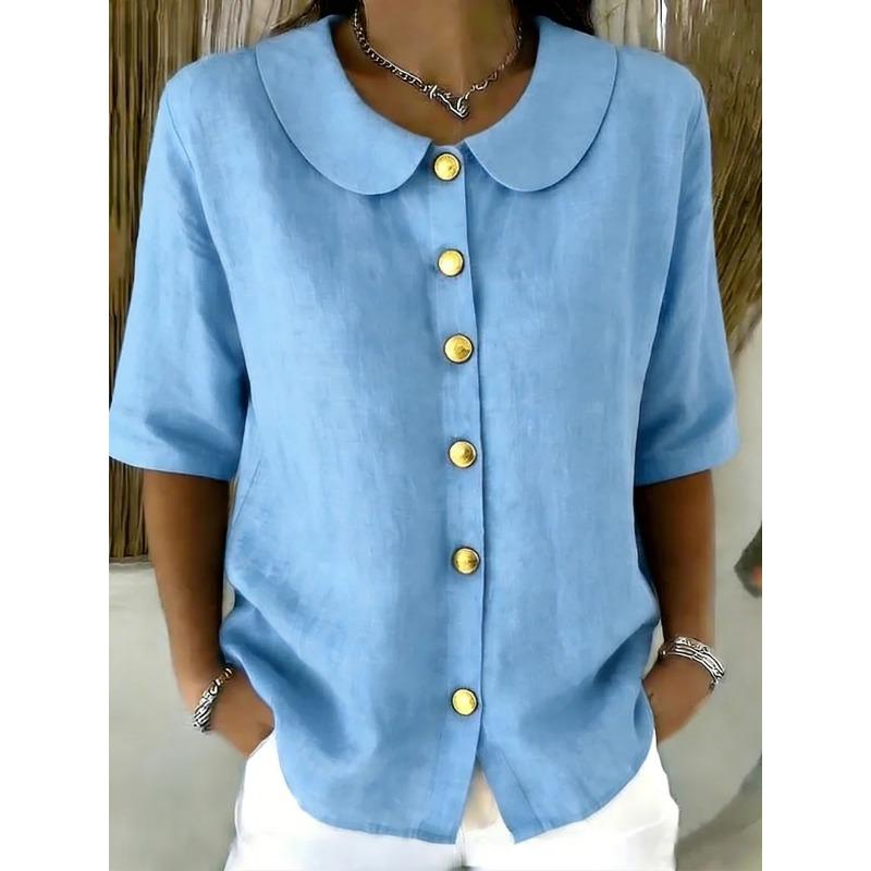 Elegant Commuting Loose Solid Button Half Sleeve Shirt For Women