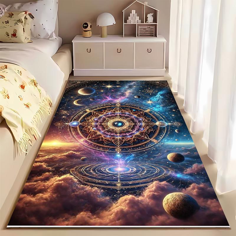 Area Rug, Cosmic Sacred Geometry Mandala Gold Nebula Planets Stars Art Print, Living Room Decor, Non-Slip Mat
