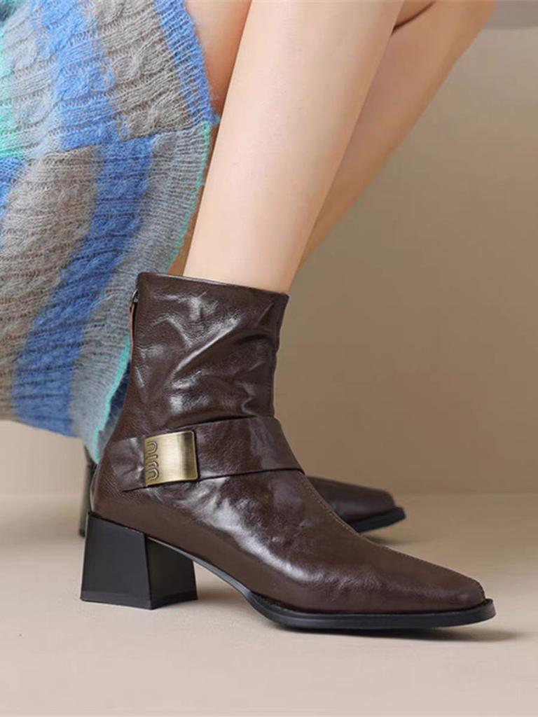 Vintage Square Toe Ankle Boots for Women Autumn Winter Zipper Black Thick Heels Short Boots Woman PU Leather Botas Mujer