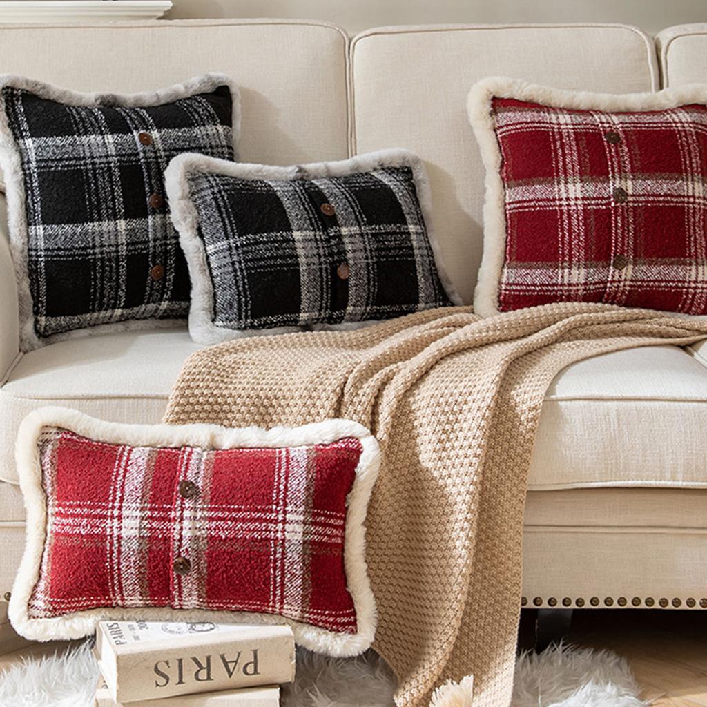 Gireshome Buffalo Check Sherpa Moose Throw Pillow Covers – Set Of 2, 18x18 Inches, 3D Applique