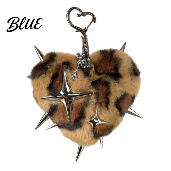 Bag Accessory Plush Leopard Love Heart Keychain Stuffed Keyring Pendant with Metal Star Punk Backpacks Decorative Keychain