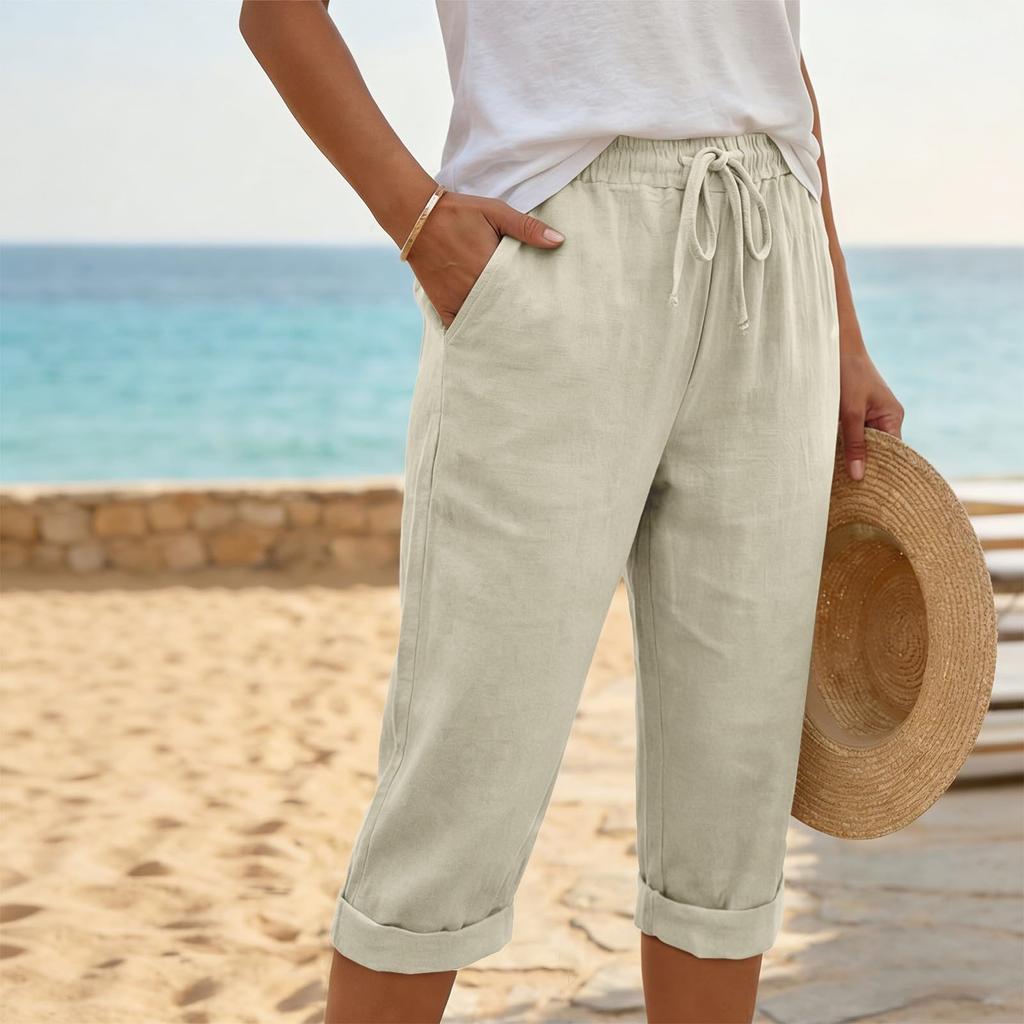 Women Drawstring Waist Linen Capri Pants with Pockets Loose Fit Lightweight Cropped Trousers for Casual Daily Wear