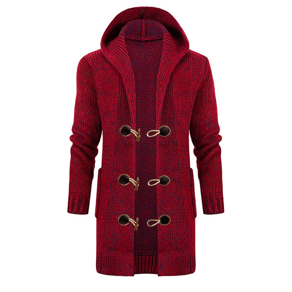 Men's Solid Color Knitted Coat Hooded Long Windbreaker Button Cardigan Medium Length Sweater