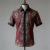 Short-sleeve linen shirt with vintage ornate floral print, casual wear.