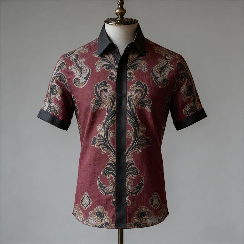 Short-sleeve linen shirt with vintage ornate floral print, casual wear.