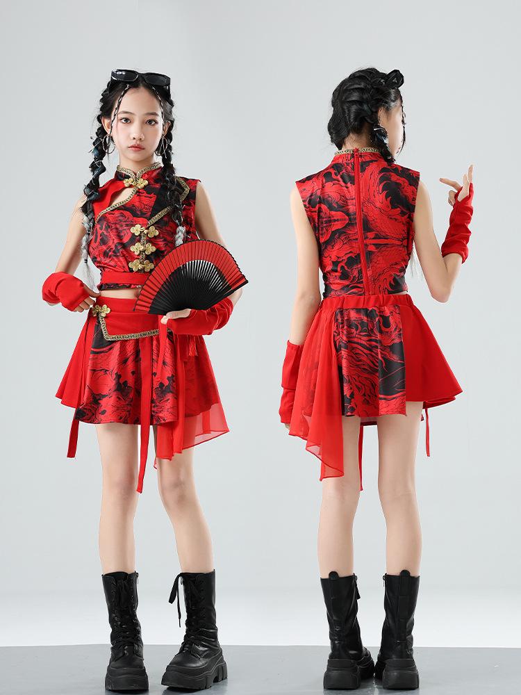 Chinese Red Dragon Jazz Dance Skirt Set - Girls' Fashion Show & Street Dance Costume