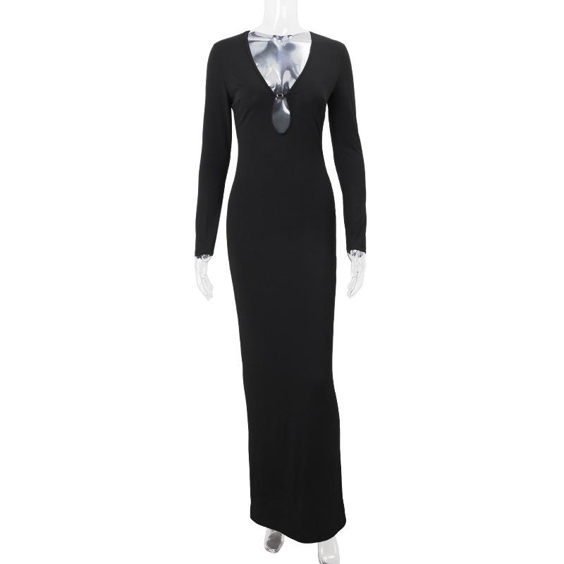 

European and American style women s clothing autumn new fashionable high-waisted V-neck hollow temperament solid color slim-fitting long-sleeved dress S чёрный