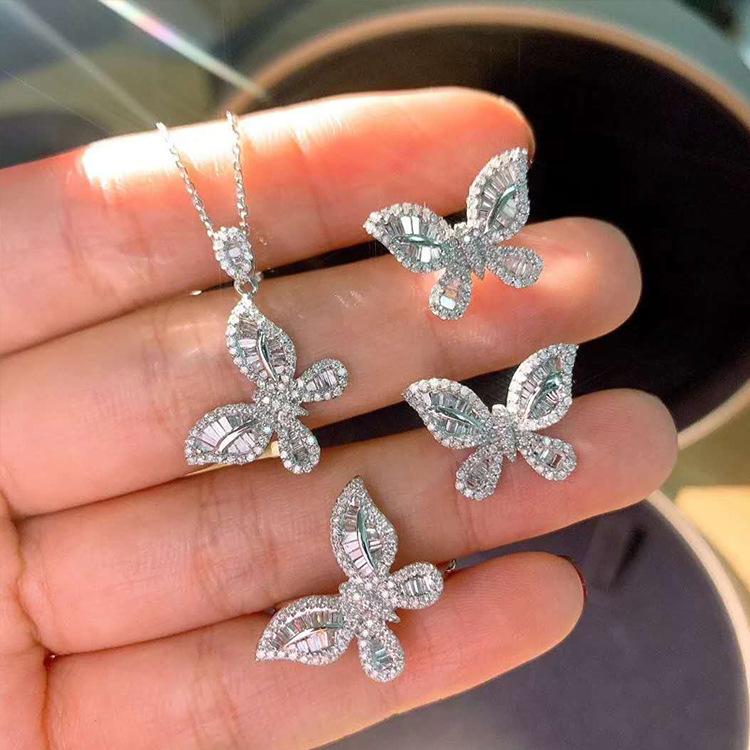 Fashion Fairy Full Diamond Pt950 Butterfly Pendant, Simulated Zircon Ring Stud Earrings Set